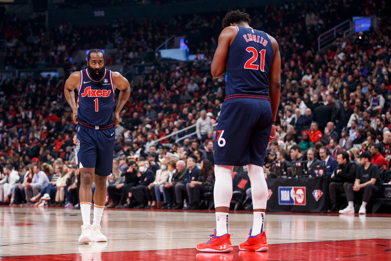 A dejected Joel Embiid and James Harden